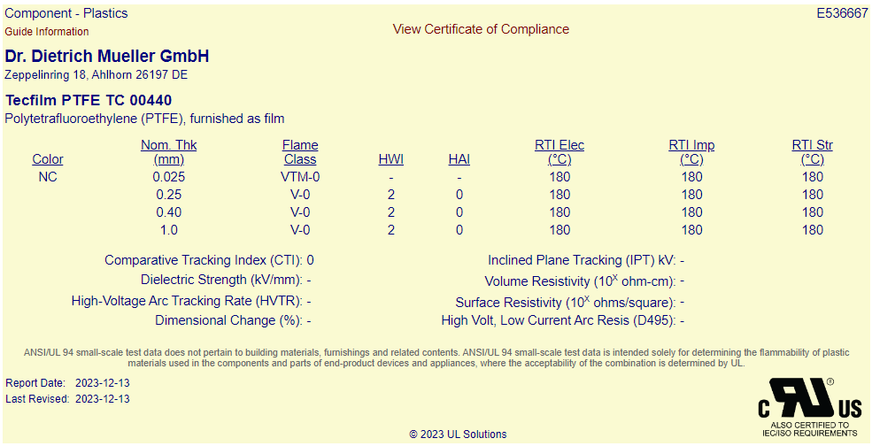 , UL-approbiertes PTFE: Tecfilm PTFE TC 00440 (UL-Filenummer E536667) PTFE TC 00440 E536667